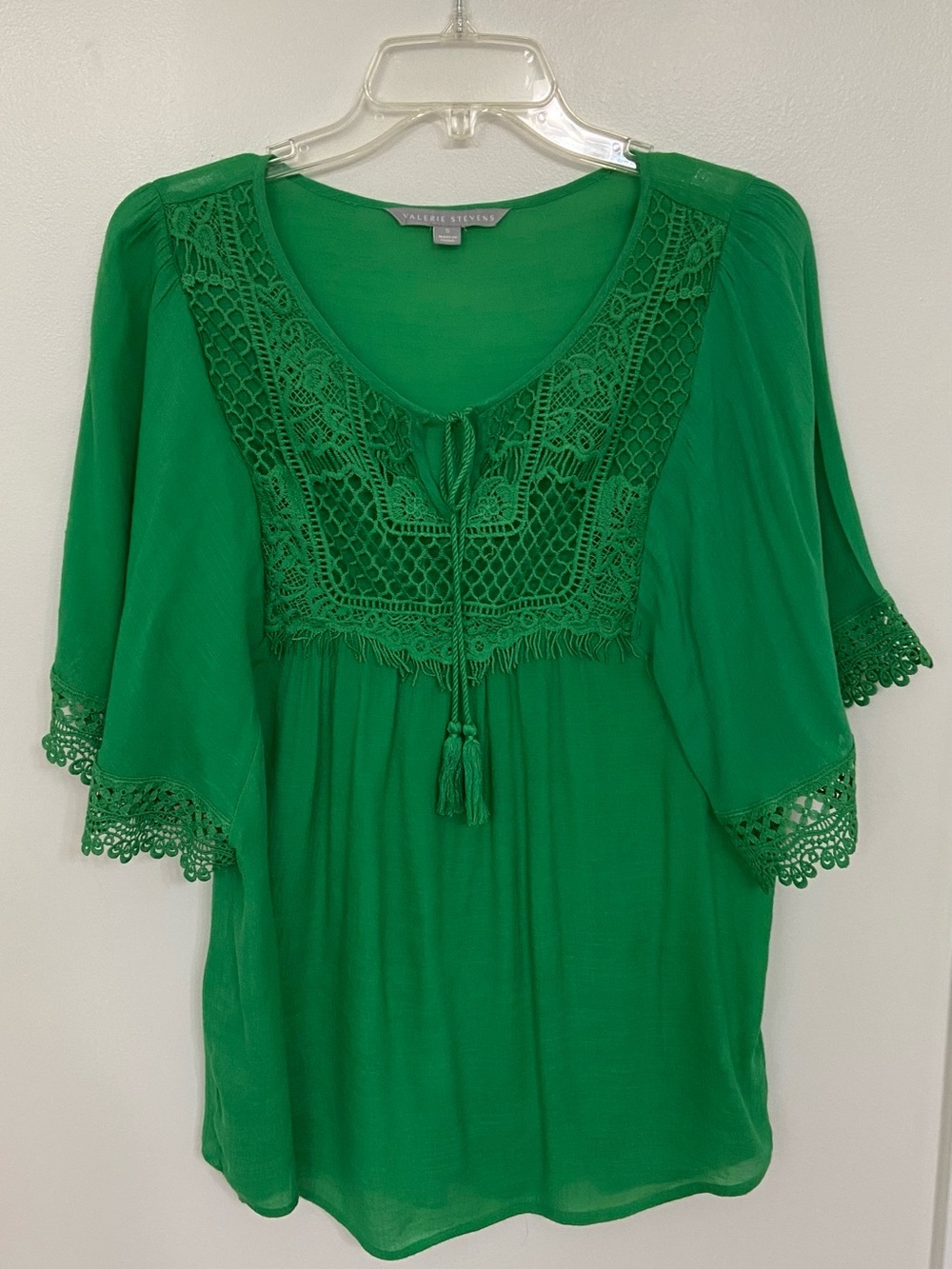 Valerie Stevens Green Crochet Lace Boho Peasant Blouse Women’s S Bell Sleeve